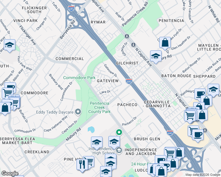 map of restaurants, bars, coffee shops, grocery stores, and more near 796 Ferndale Court in San Jose