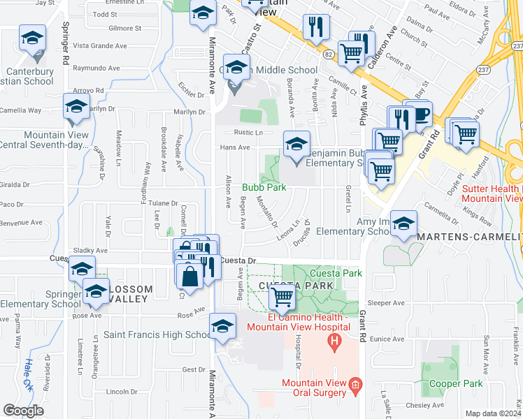 map of restaurants, bars, coffee shops, grocery stores, and more near 2 Mountain View Avenue in Los Altos
