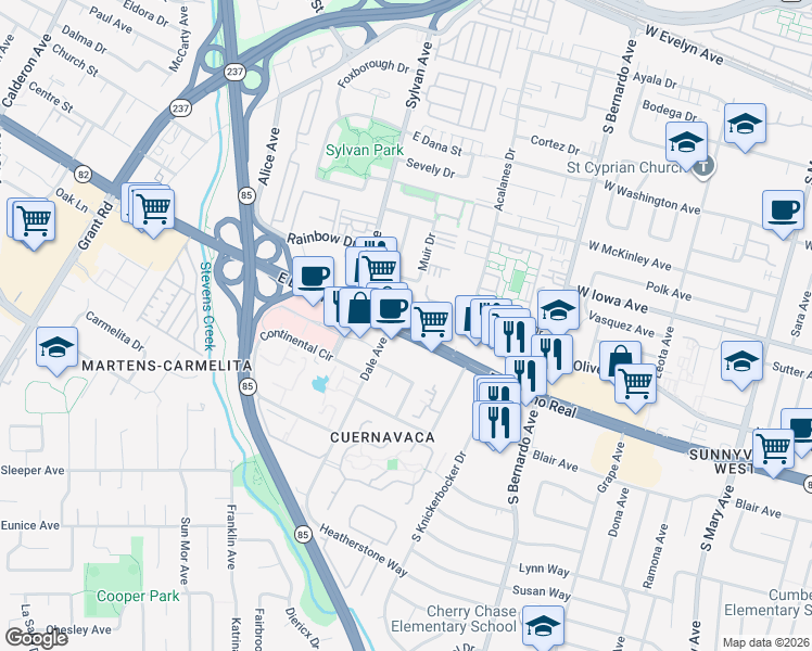 map of restaurants, bars, coffee shops, grocery stores, and more near 861 California 82 in Mountain View