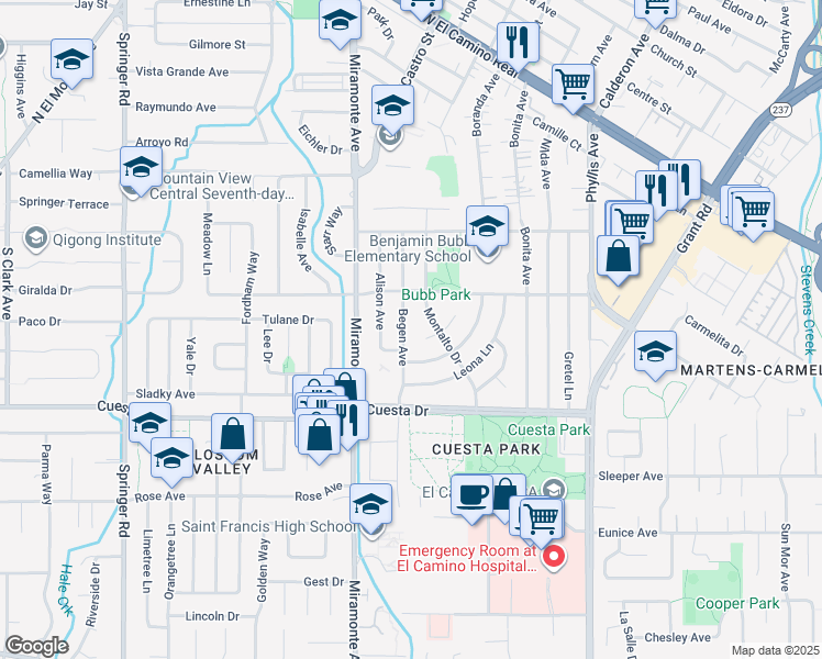 map of restaurants, bars, coffee shops, grocery stores, and more near 1661 Begen Avenue in Mountain View