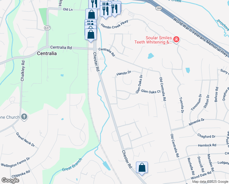map of restaurants, bars, coffee shops, grocery stores, and more near 10600 Hamlin Drive in Chester