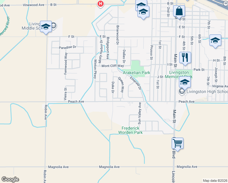 map of restaurants, bars, coffee shops, grocery stores, and more near 1528 Duke Drive in Livingston