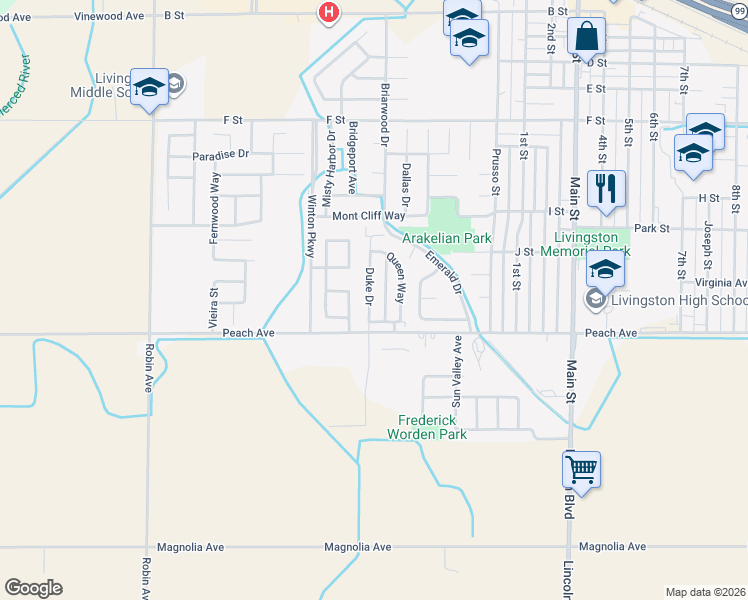 map of restaurants, bars, coffee shops, grocery stores, and more near 1528 Duke Drive in Livingston