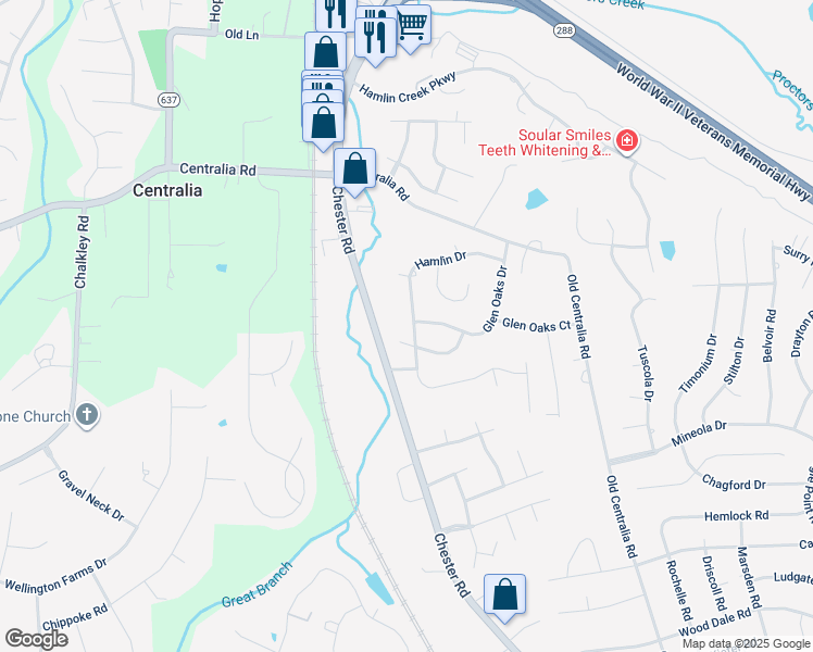 map of restaurants, bars, coffee shops, grocery stores, and more near 10600 Hamlin Drive in Chester