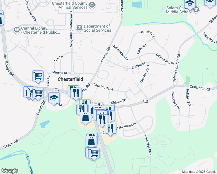 map of restaurants, bars, coffee shops, grocery stores, and more near 9820 Nott Lane in Chesterfield