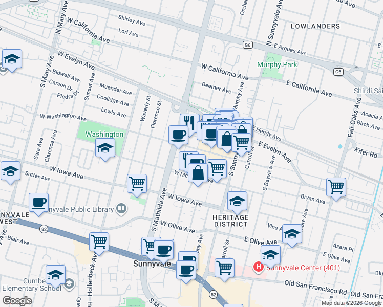 map of restaurants, bars, coffee shops, grocery stores, and more near 300 West Washington Avenue in Sunnyvale