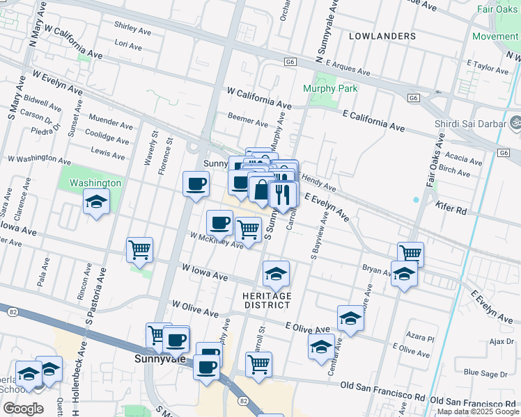 map of restaurants, bars, coffee shops, grocery stores, and more near 201 South Sunnyvale Avenue in Sunnyvale