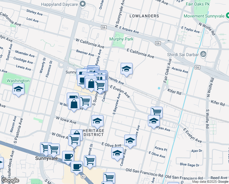 map of restaurants, bars, coffee shops, grocery stores, and more near 395 East Washington Avenue in Sunnyvale