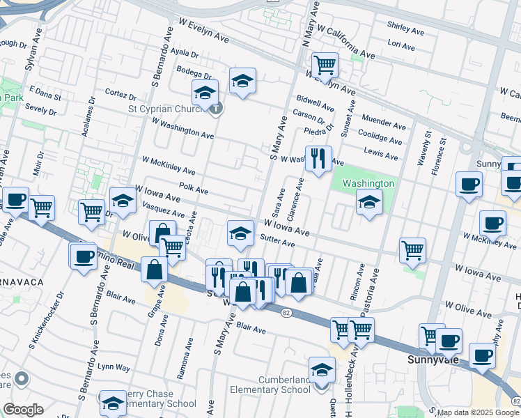 map of restaurants, bars, coffee shops, grocery stores, and more near in Sunnyvale