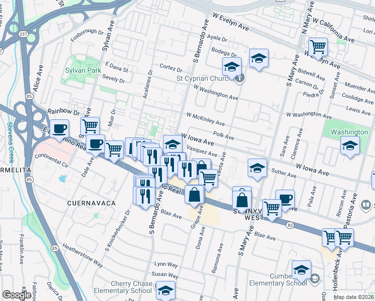 map of restaurants, bars, coffee shops, grocery stores, and more near 1152 Viscaino Avenue in Sunnyvale