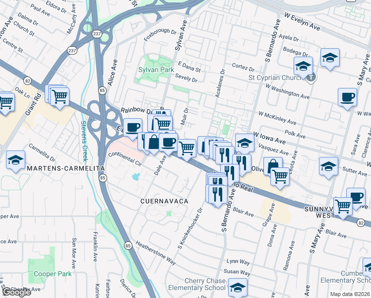 map of restaurants, bars, coffee shops, grocery stores, and more near 861 California 82 in Mountain View