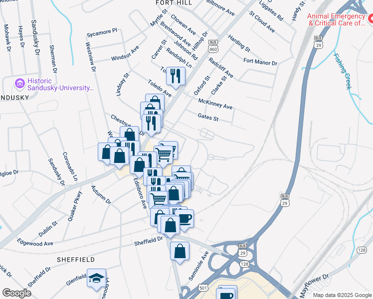map of restaurants, bars, coffee shops, grocery stores, and more near 300 Twin Oak Drive in Lynchburg