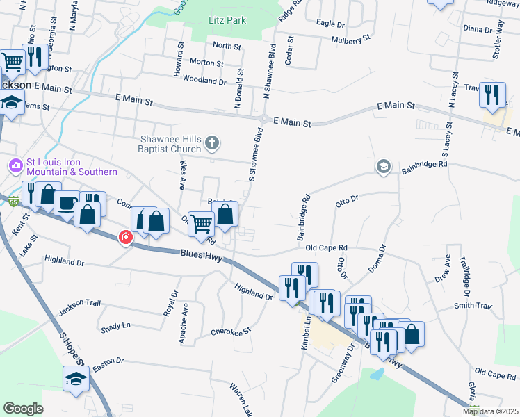map of restaurants, bars, coffee shops, grocery stores, and more near 1547 Belair Drive in Jackson