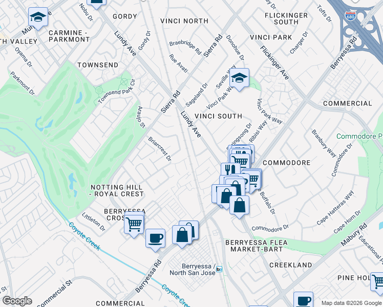 map of restaurants, bars, coffee shops, grocery stores, and more near 1141 Rosebriar Way in San Jose