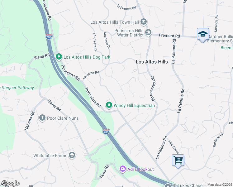 map of restaurants, bars, coffee shops, grocery stores, and more near 12570 Roble Ladera Road in Los Altos Hills