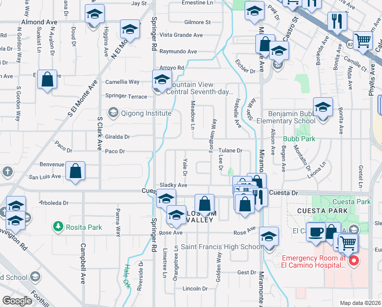 map of restaurants, bars, coffee shops, grocery stores, and more near 1053 Tulane Drive in Mountain View