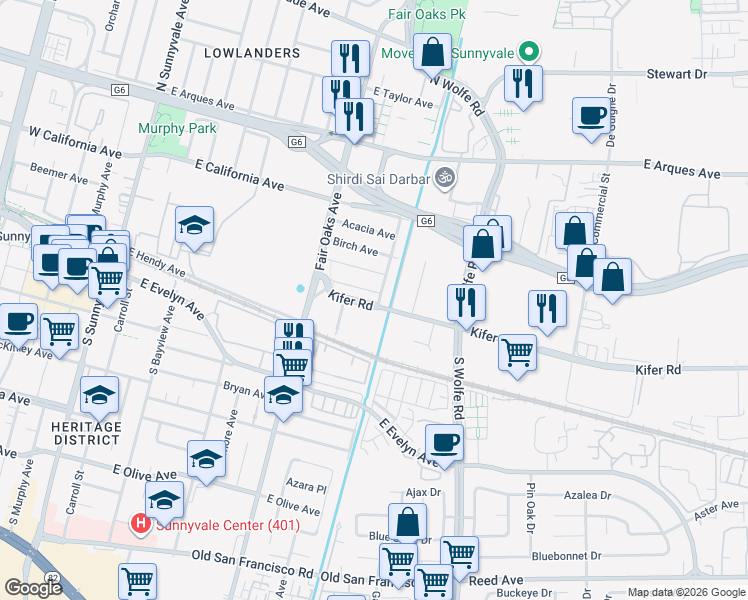map of restaurants, bars, coffee shops, grocery stores, and more near 690 Kifer Road in Sunnyvale