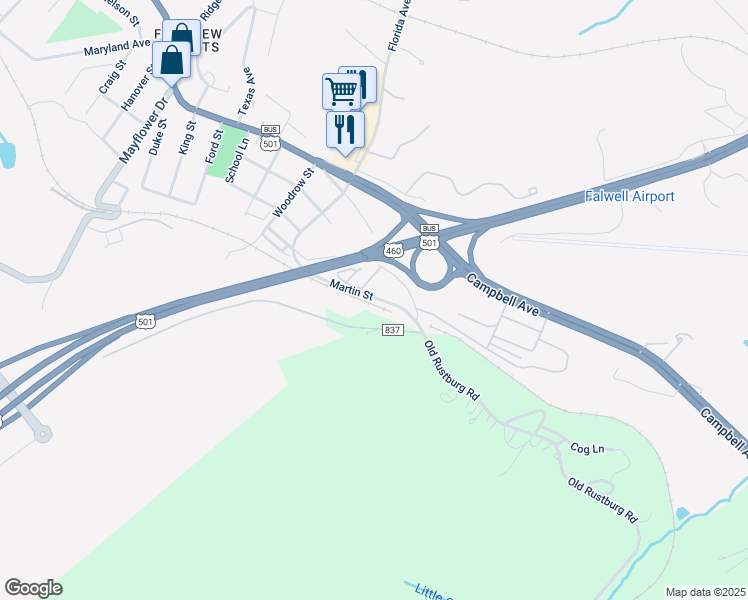 map of restaurants, bars, coffee shops, grocery stores, and more near 131 Martin Street in Lynchburg