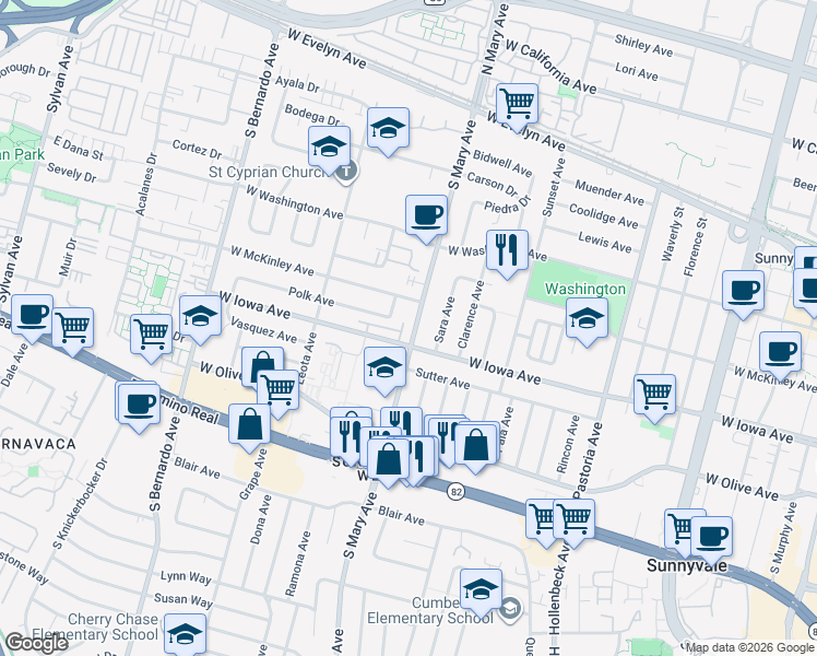 map of restaurants, bars, coffee shops, grocery stores, and more near 377 South Mary Avenue in Sunnyvale