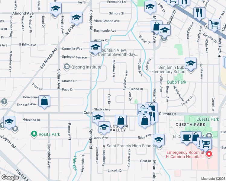 map of restaurants, bars, coffee shops, grocery stores, and more near 1053 Tulane Drive in Mountain View
