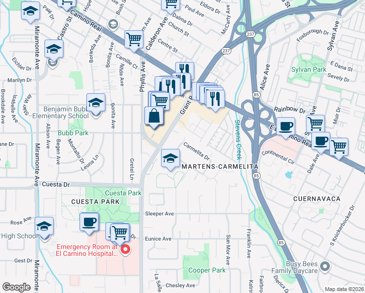 map of restaurants, bars, coffee shops, grocery stores, and more near 194 Carmelita Drive in Mountain View