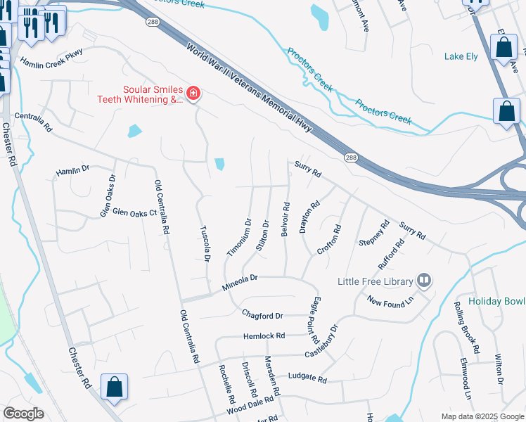 map of restaurants, bars, coffee shops, grocery stores, and more near 10924 Stilton Drive in Chester