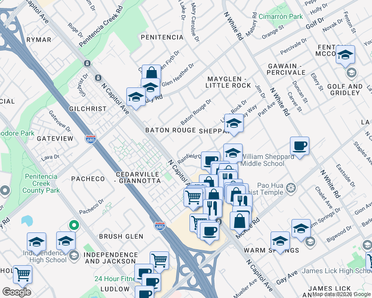 map of restaurants, bars, coffee shops, grocery stores, and more near 2755 Rainview Drive in San Jose