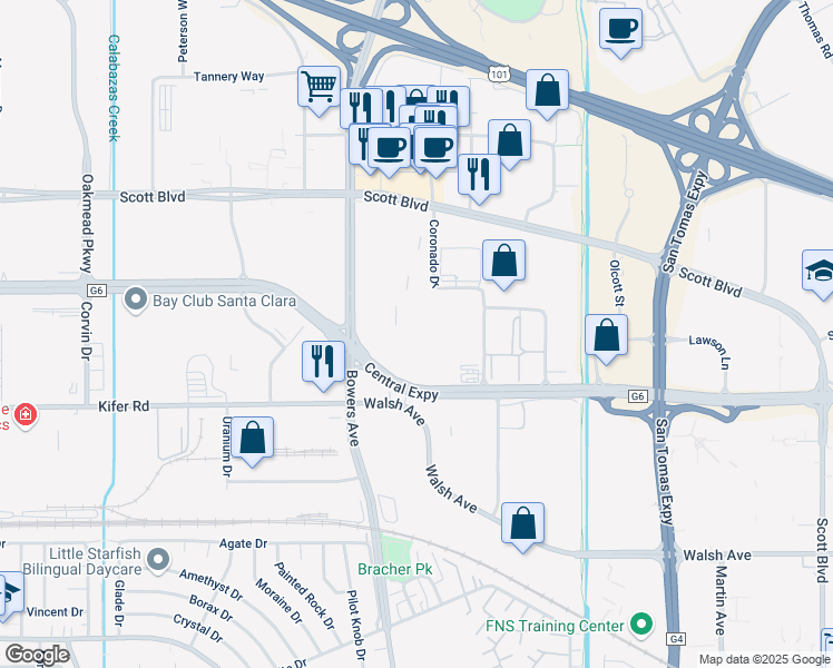 map of restaurants, bars, coffee shops, grocery stores, and more near 3065 Bowers Avenue in Santa Clara