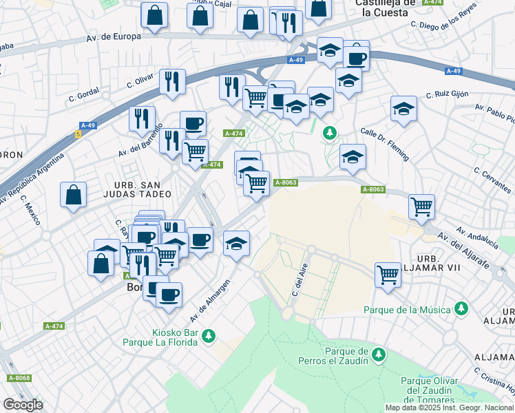 map of restaurants, bars, coffee shops, grocery stores, and more near in Bormujos