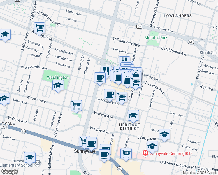 map of restaurants, bars, coffee shops, grocery stores, and more near 137 South Taaffe Street in Sunnyvale