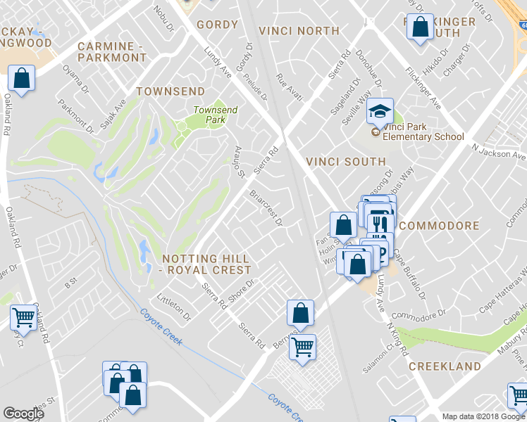 map of restaurants, bars, coffee shops, grocery stores, and more near 1292 Thorn Valley Court in San Jose
