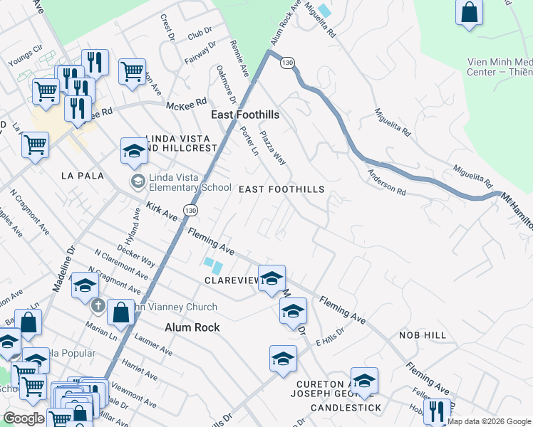 map of restaurants, bars, coffee shops, grocery stores, and more near 4132 Hidden Valley Lane in San Jose