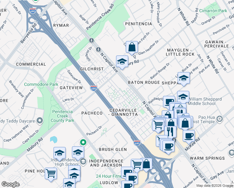 map of restaurants, bars, coffee shops, grocery stores, and more near 682 Galleon Court in San Jose