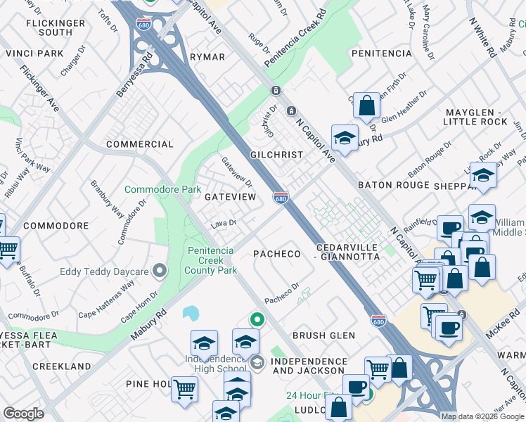 map of restaurants, bars, coffee shops, grocery stores, and more near 791 Gateview Drive in San Jose