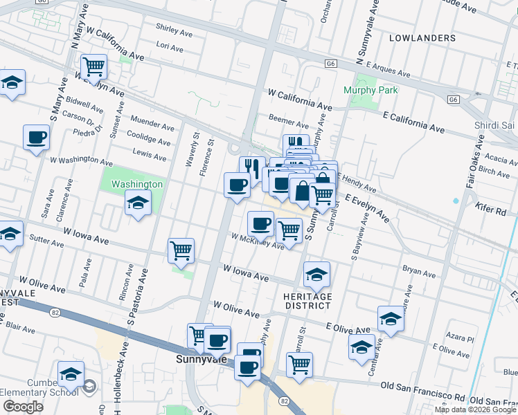 map of restaurants, bars, coffee shops, grocery stores, and more near 137 South Taaffe Street in Sunnyvale