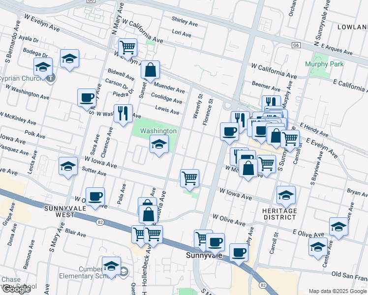 map of restaurants, bars, coffee shops, grocery stores, and more near 238 South Pastoria Avenue in Sunnyvale