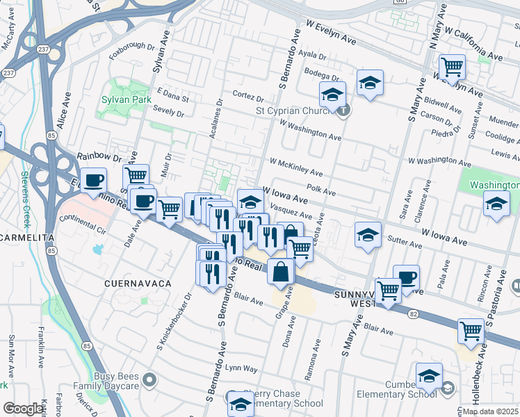 map of restaurants, bars, coffee shops, grocery stores, and more near 1198 West Iowa Avenue in Sunnyvale