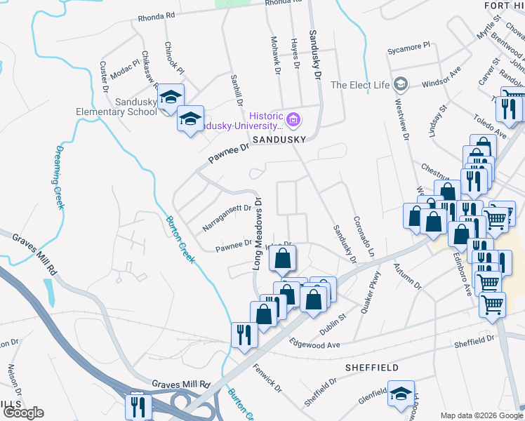 map of restaurants, bars, coffee shops, grocery stores, and more near 1045 Long Meadows Drive in Lynchburg