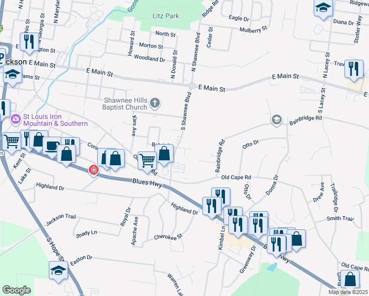 map of restaurants, bars, coffee shops, grocery stores, and more near 422 North Shawnee Boulevard in Jackson