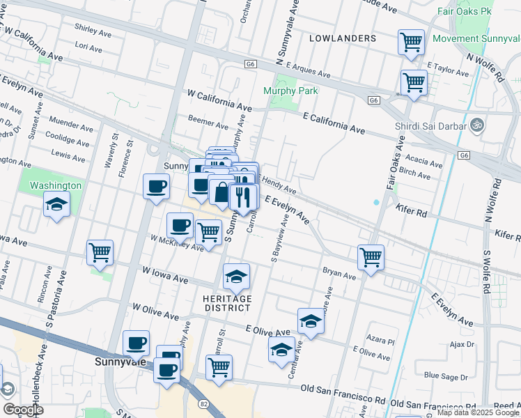 map of restaurants, bars, coffee shops, grocery stores, and more near 134 Carroll Street in Sunnyvale