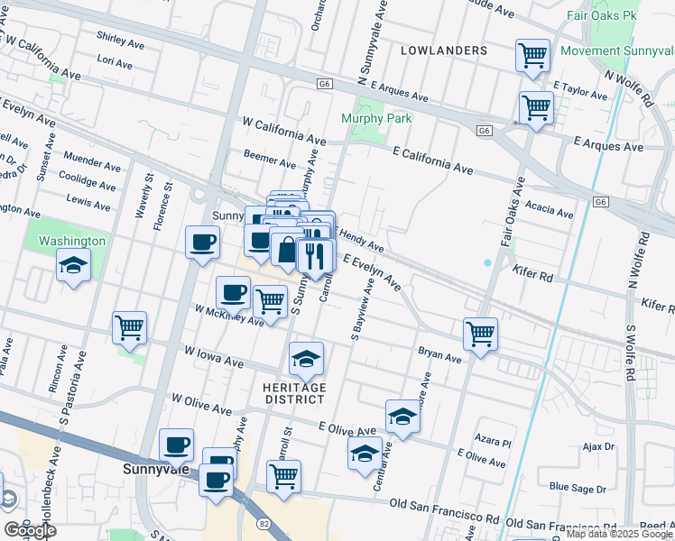 map of restaurants, bars, coffee shops, grocery stores, and more near 134 Carroll Street in Sunnyvale