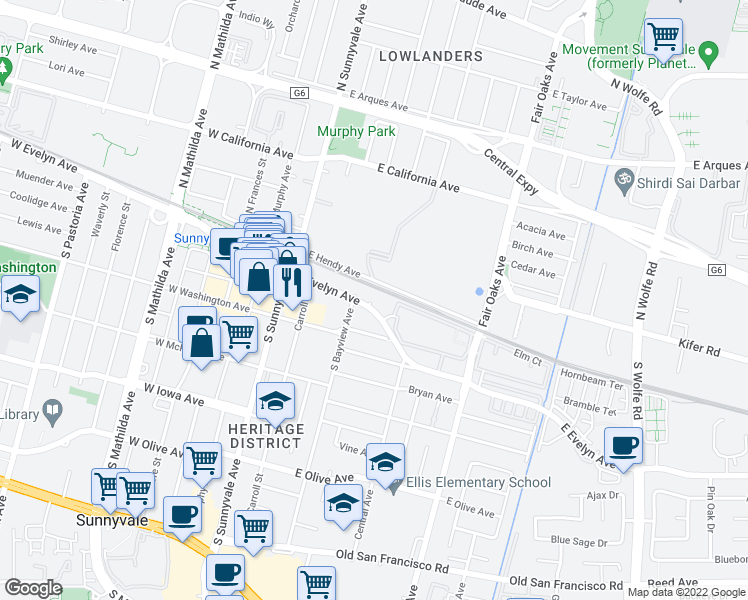 map of restaurants, bars, coffee shops, grocery stores, and more near 457 East Evelyn Avenue in Sunnyvale