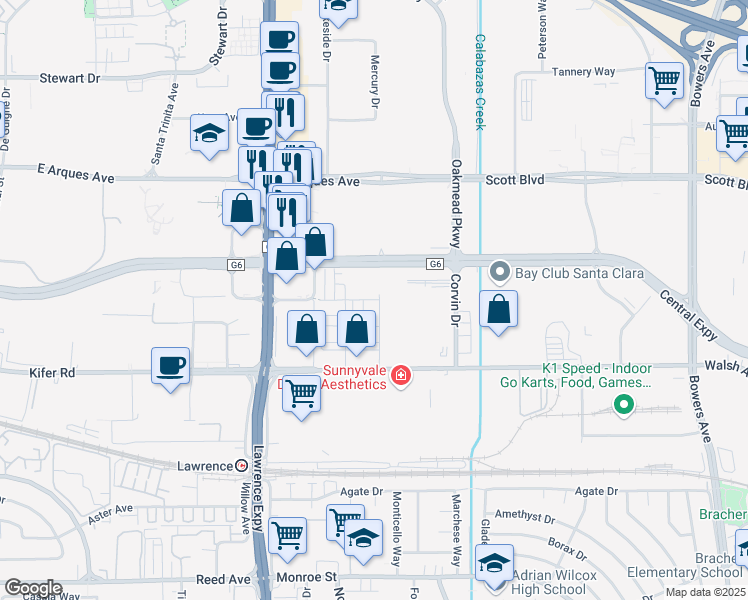 map of restaurants, bars, coffee shops, grocery stores, and more near 3049 Boyter Place in Santa Clara