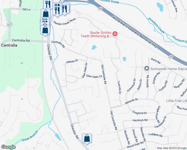 map of restaurants, bars, coffee shops, grocery stores, and more near 3818 Glen Oaks Court in Chester