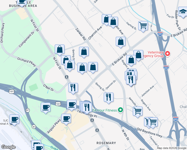map of restaurants, bars, coffee shops, grocery stores, and more near 151 East Brokaw Road in San Jose