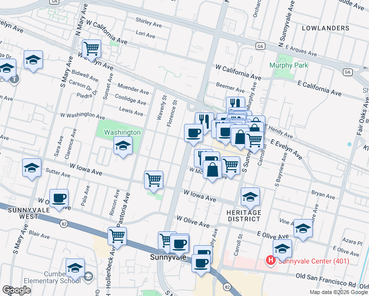 map of restaurants, bars, coffee shops, grocery stores, and more near in Sunnyvale