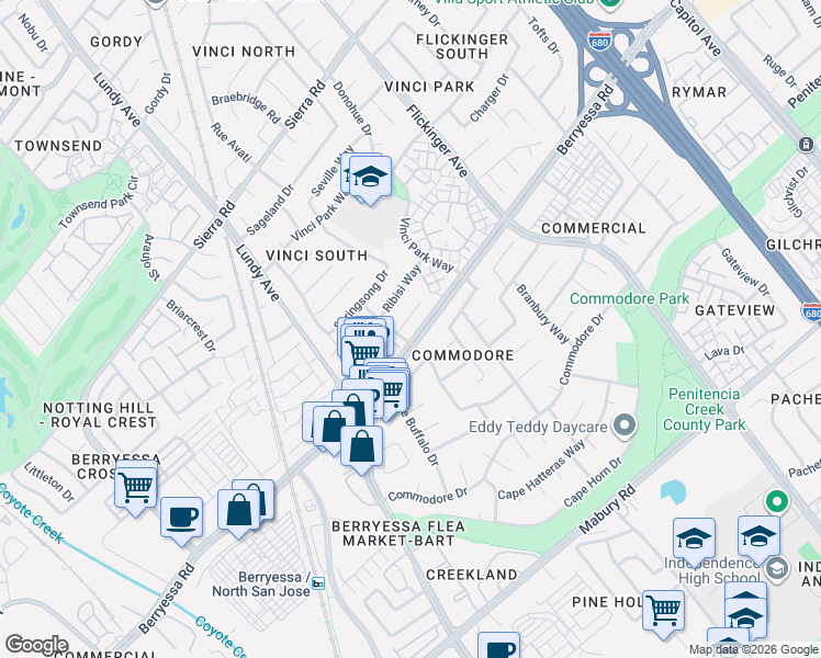 map of restaurants, bars, coffee shops, grocery stores, and more near 1828 Wintersong Court in San Jose