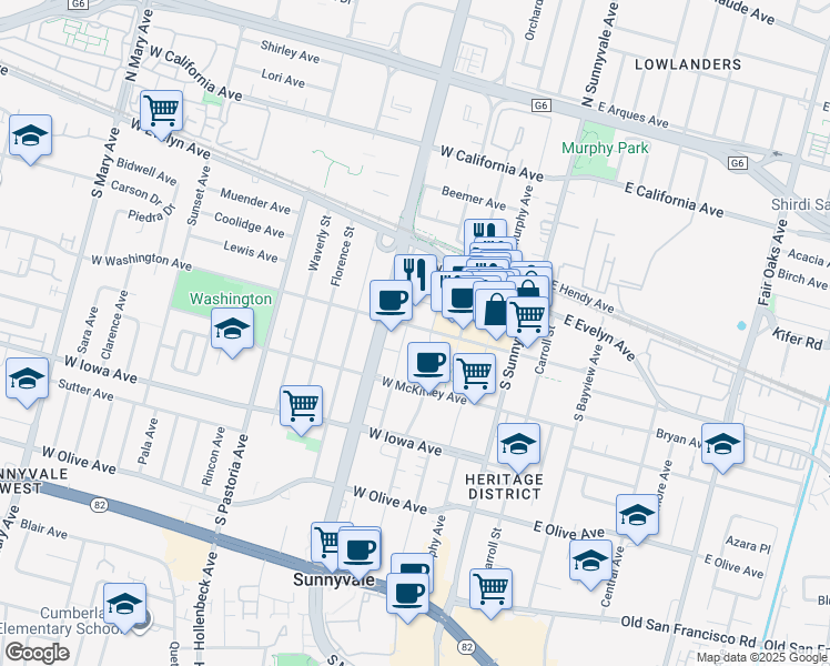 map of restaurants, bars, coffee shops, grocery stores, and more near 137 South Taaffe Street in Sunnyvale