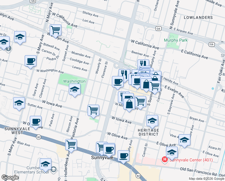 map of restaurants, bars, coffee shops, grocery stores, and more near in Sunnyvale
