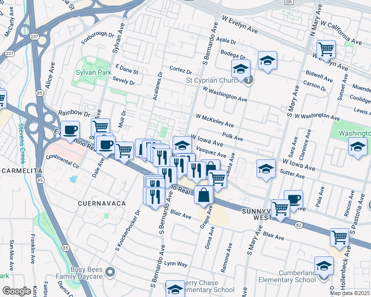 map of restaurants, bars, coffee shops, grocery stores, and more near 1198 West Iowa Avenue in Sunnyvale